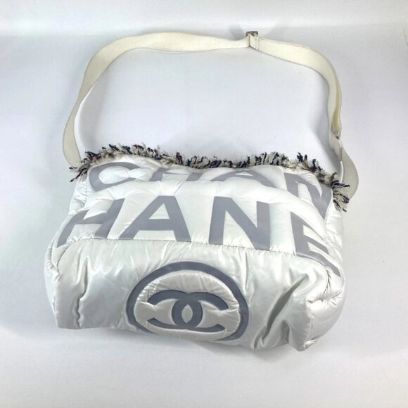 CHANEL fringe CocoNeige CC Coco Logo Crossbody Shoulder Bag Nylon White - Picture 9 of 15